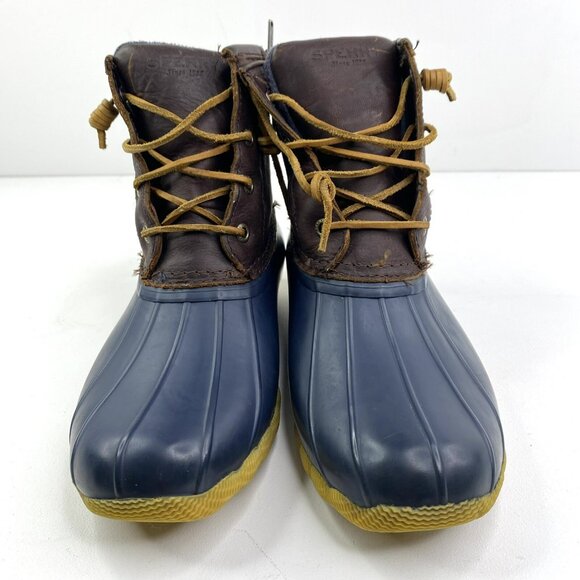 Sperry Boots Womens Size 7 Saltwater Duck Rain Leather Rubber Brown Navy - Picture 2 of 7
